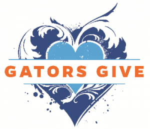 gators give logo featuring blue heart and orange gators give text across it