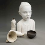 Image of College of the Arts faculty member Nan Smith's scuplture work featuring a bust, bowls and bottles made of ceramic