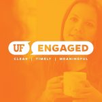 uf engaged logo and orange background with woman holding a mug