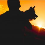 Person with dog at sunset