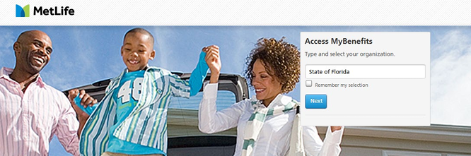MetLife Home page. Under "access my benefits: type and select your organization," the State of Florida is selected.