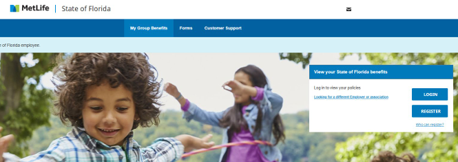 MetLife State of Florida home page with option to log in or register.