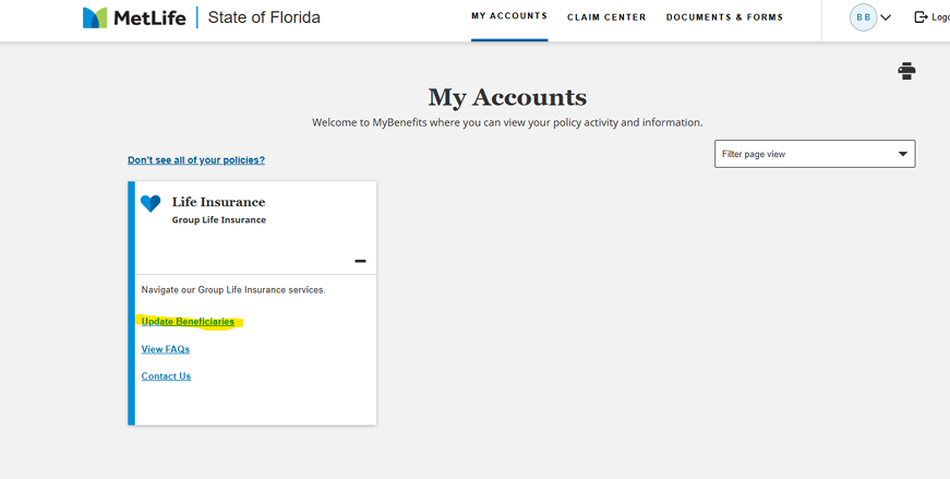 MetLife State of Florida "My Accounts" screen. In a navigation box labeled Life Insurance, the link to update beneficiaries is highlighted.